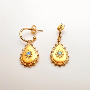 Detailed view of 18K gold-plated teardrop earrings with sunburst pattern and iridescent opal