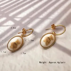 Boucles d'oreilles ovales en acier titane doré avec breloque ours mignon pour femme