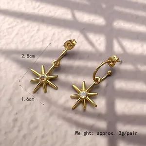 18K gold plated stainless steel C-shape earrings with star pendants and zircon stones