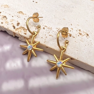 18K gold plated stainless steel C-shape earrings with north star zircon pendant