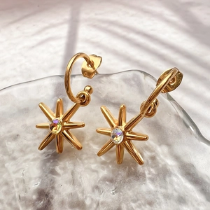 Eight Pointed Star Drop Earrings 18K Gold Plated Stainless Steel With Iridescent Zircon Minimalist Jewelry For Women