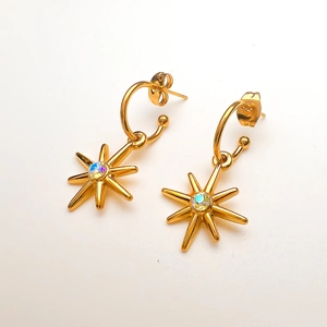 Macro view of gold-plated North Star earrings featuring iridescent zircon crystals
