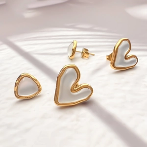 Heart Triangle Geometric Stud Earrings Stainless Steel With Faux Cat Eye Stone Elegant French Vintage Style For Women