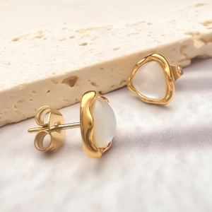 Minimalist gold titanium steel geometric heart earrings with opal stones on silk and stone
