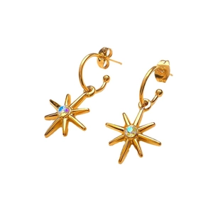 18K gold plated stainless steel C-shape earrings featuring North Star zircon pendants