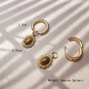 Boucles d'oreilles créoles en acier doré 18K avec pierre œil de tigre ovale, 2,7cm