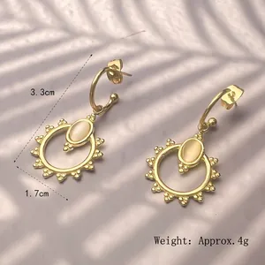Bohemian 18K gold plated C-shape earrings with cat eye stone, 3.3cm length drop style