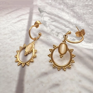 Dangle Earrings For Women 18K Gold Plated Stainless Steel Oval Cat Eye Stone Sunflower Retro Bohemian Jewelry