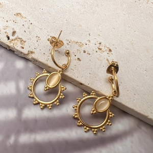 Luxury 18K gold C-shape drop earrings featuring opal stone and vintage sunburst design
