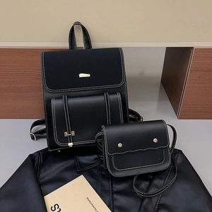 Vintage Women PU Leather Backpack And Small Crossbody Bag Contrast Stitching Fashion Leisure Rucksack For Travel School Office