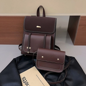 Retro coffee brown PU leather backpack set with contrast stitching and metal hardware