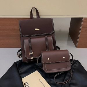 Vintage dark brown PU leather backpack set with contrast stitching and mini crossbody bag