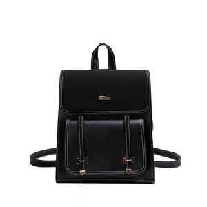 Retro black PU leather backpack with vintage stitching and gold metal buckle
