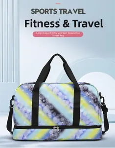 Detail of travel duffel bag showing wet-dry separation and colorful polka dot pattern