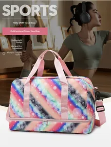 Detailed view of pink purple gradient travel bag with separate bottom shoe compartment