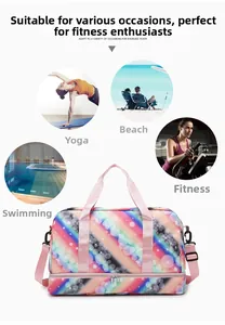 Multifunctional travel bag with rainbow pattern featuring separate shoe compartment and straps