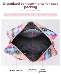 Interior layout of galaxy print travel bag showing compartments for clothes and laptop
