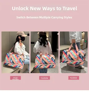 Three-way carry options for rainbow striped travel bag with shoe compartment