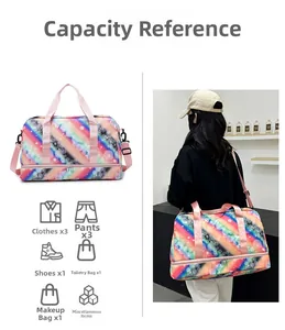Detail view of rainbow polka dot travel bag showing separate shoe compartment and capacity