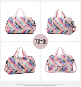 Macro view of pink rainbow stripe travel bag with separate bottom shoe compartment