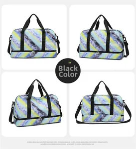 Multi-angle view of travel bag with yellow and blue wave prints and separate shoe compartment