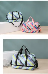 Detail of colorful travel bag with shoe compartment and adjustable shoulder straps