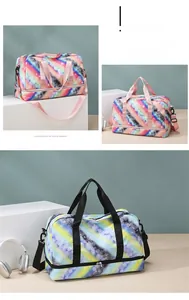 Detail view of large travel bag with gradient galaxy pattern and separate shoe compartment