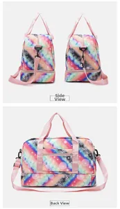 Detail view of rainbow travel bag featuring separate shoe compartment and pink straps