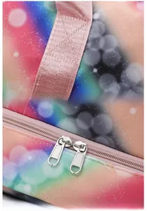 Detail of reinforced pink handles and dual silver zippers on polka dot travel bag