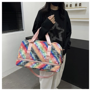 Detail view of large rainbow travel bag with a separate bottom shoe compartment