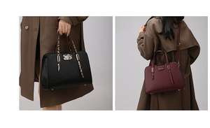 Detail of large tote bags with leopard handles and premium grain leather textures