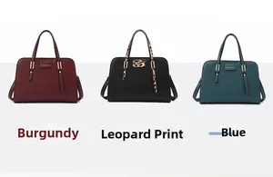 Detailed view of large capacity tote bags in burgundy, leopard print, and blue colors