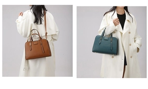 Detail of brown and green leather tote bags showing shoulder strap and hand-carry options