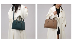 Detail view of large capacity tote bags in dark green and brown with metal hardware