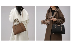 Detail view of large brown tote bag and black leopard print handbag with matching wallets