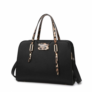 Large capacity black tote bag with stylish leopard print handles and gold hardware