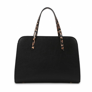 Minimalist large black lychee leather tote bag for women featuring stylish leopard print handles