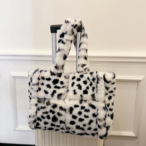 Women Faux Fur Plush Tote Bag Quilted Animal Cow Leopard Print Large Capacity Soft Winter Handbag