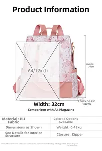 Detailed size specifications of butterfly print backpack with 34x32x14cm dimensions