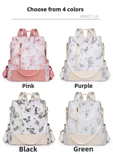 Collage of butterfly print backpacks in pink, purple, black and green colors