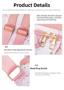 Detail of pink butterfly print backpack showing golden zippers and adjustable straps
