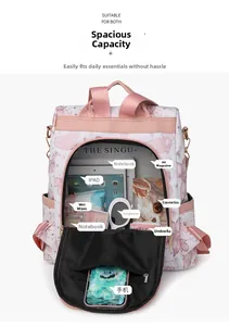 Detail of pink butterfly print backpack showing spacious interior for iPad and A4 books
