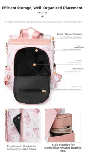 Detailed internal compartments of a butterfly print backpack with multiple functional pockets