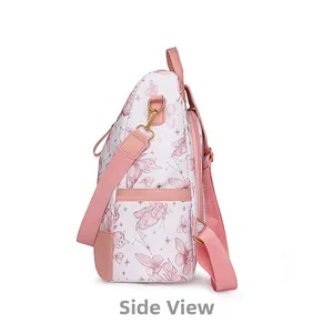 Profile view of pink butterfly print backpack with rose gold zippers and side pockets