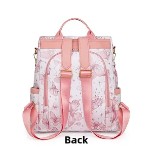 Detailed back view of pink butterfly backpack showing adjustable straps and gold buckles