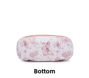 Detailed bottom view of the pink butterfly print backpack showing durable fabric and stitching