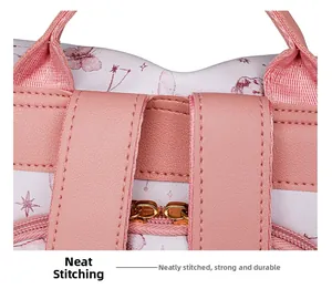 Detail of reinforced stitching on the floral butterfly printed backpack with pink leather trim