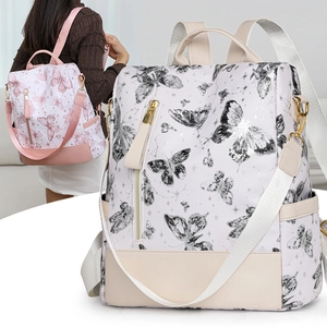 Chinese style butterfly print backpack for women featuring multi-way carrying straps