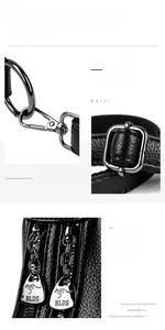 Detail of high-gloss chrome metal hardware and kangaroo logo on black leather bag