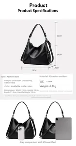 Detailed size comparison and specifications for this large black litchi pattern tote bag